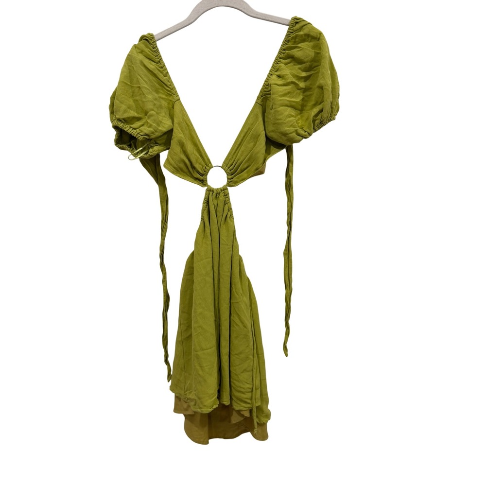 Sky to Moon‎ Chartreuse Green Cutout O-Ring Puff Sleeve Mini Dress Large